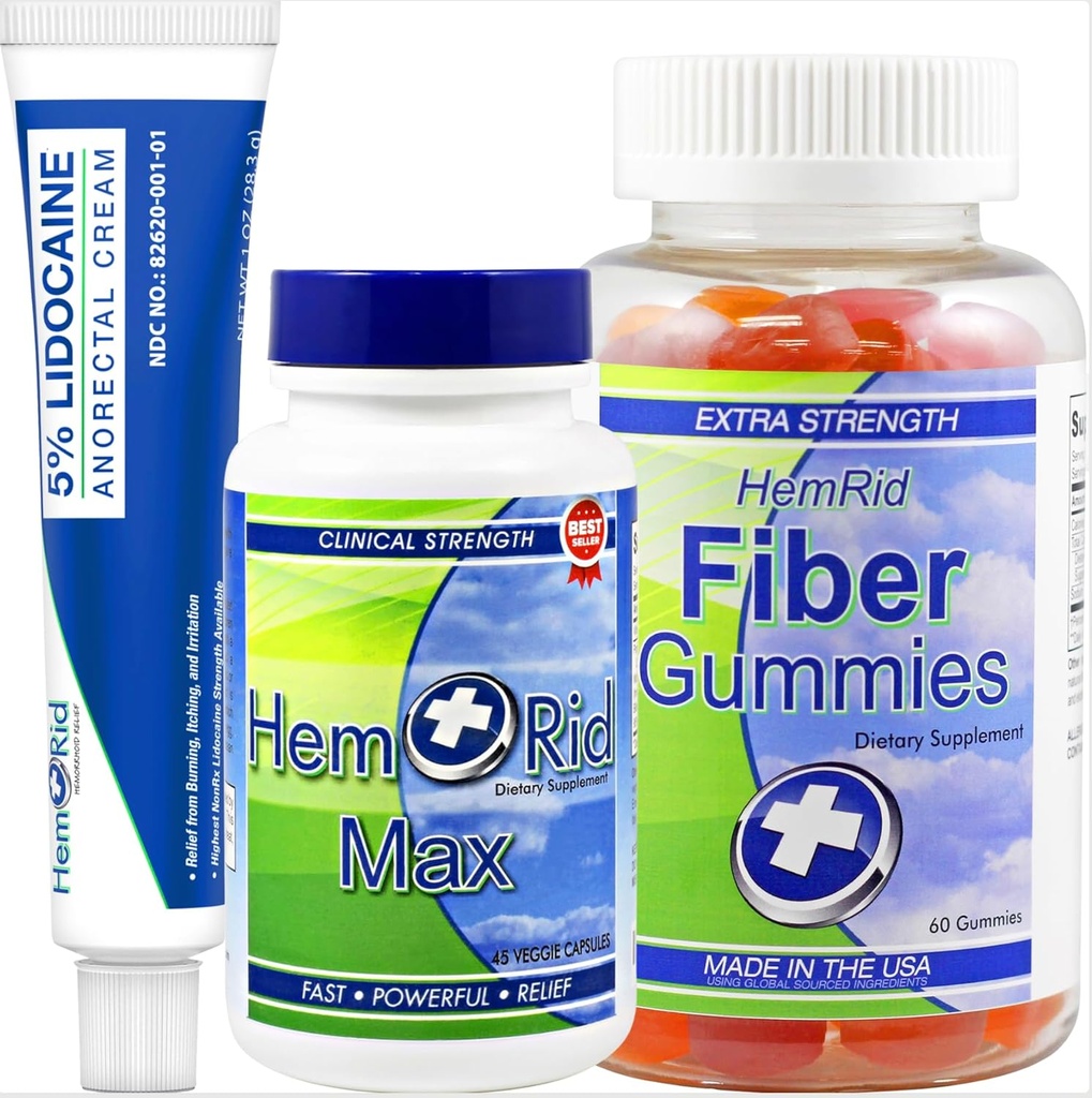 HemRid komplett hemorroide støttesystem - Max Formula, Lidocaine Cream & Fiber Gummies for umiddelbar relief & langsiktig komfort