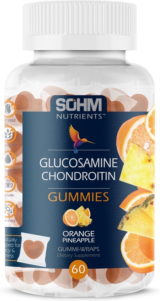 SOHM Glukosamin og Chondrotin Gummies 60 Greve individuelt omgitt, støtter leddene Helse og Bein Helse, Glukosamin Chondroitin Gummies for menn og kvinner Vegetarisk (Pineapple,Orange)