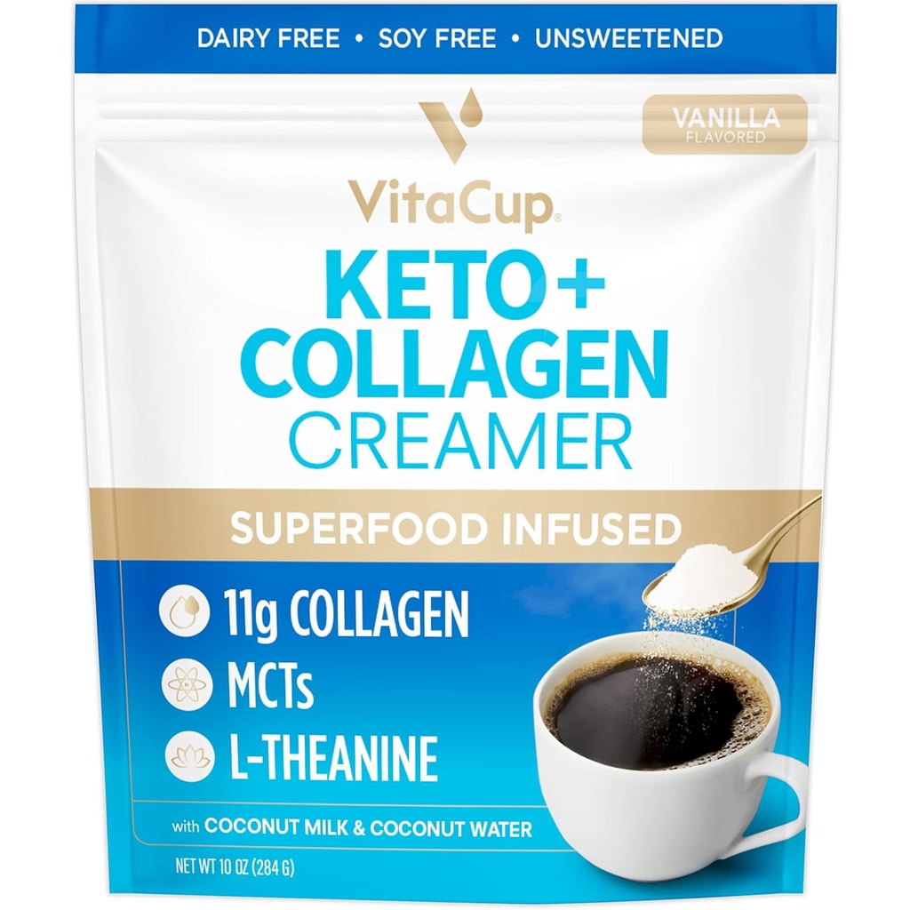VitaCup Keto + Collage Coffee Creamer Vanilla Flavor med MCT, kollagenprotein, kokosvann, L-Theanine for keto diett, bruk i kaffe, smoothies, og rister, Dairy-Free, Glutenfri, Soja-fri, 10oz