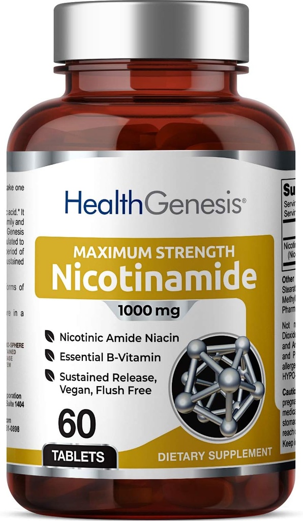 B-3 Nicotinamid 1000 mg 60 Tabs Ekstra styrke Slow Release - Naturlig flush-fri vitamin formel | Glutenfri nikotinisk amid niacin | støtter huden helse | Cell Repair Support