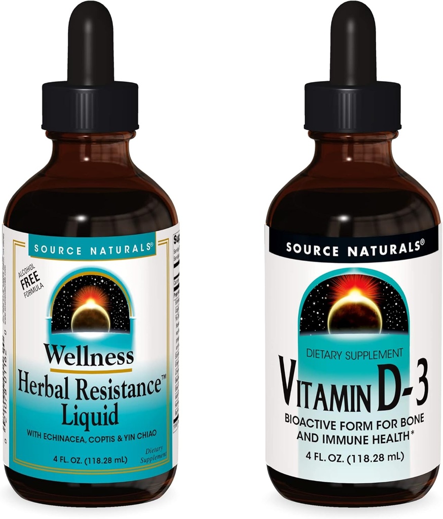 Kilde Naturals flytende kosttilskudd, herbal motstand og 2000 iu vitamin D-3-4 oz flasker