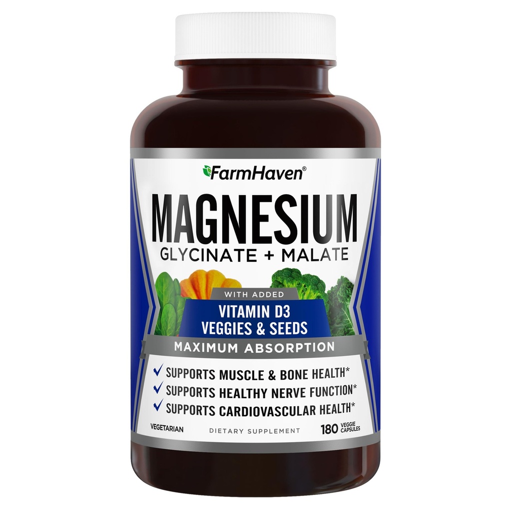 FarmHaven Magnesium Glycinat & Malate Complex w/Vitamin D3, 100% Chelated for Max Absorpsjon, Vegetarian – Bein Helse, Nerver, Muskler, 180 Kapsler, 90 dager