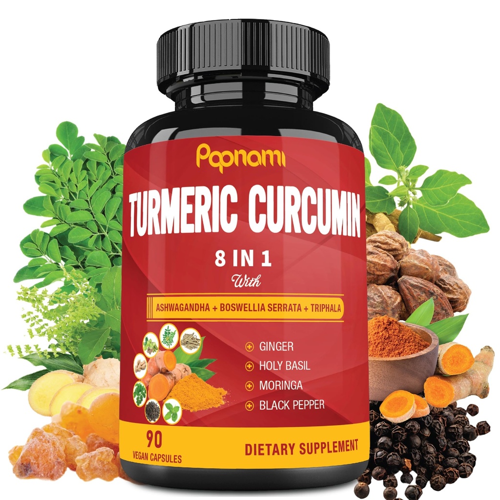 Turmeric Curcumin Extract Capsules - 90 greve 3 måneders forsyning - Blended Ashwagandha, Moringa, Ginger og mer - Immunitet, Felles, Digestiv og velvære støtte