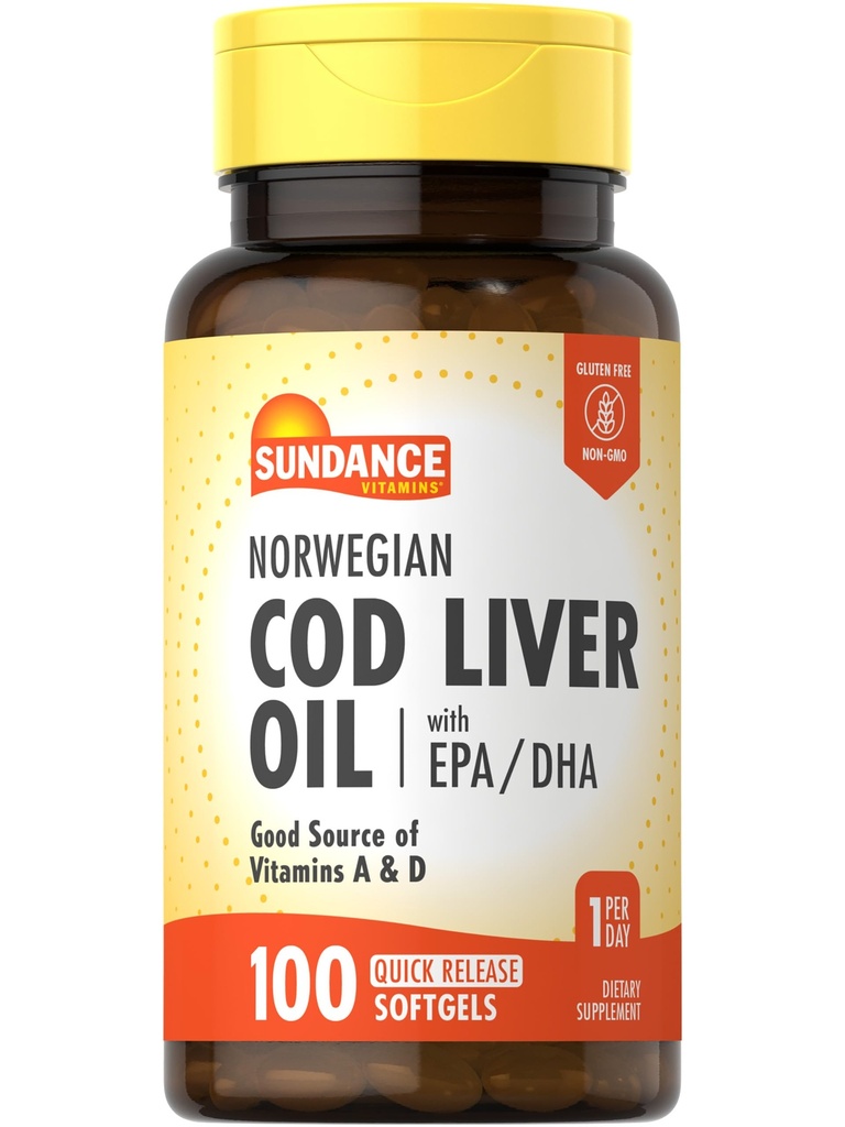 Sunance Norwegian Cod Liver Oil Softgels | med EPA og DHA | God kilde til vitaminer A & D | Ikke-GMO og Glutenfri Supplement
