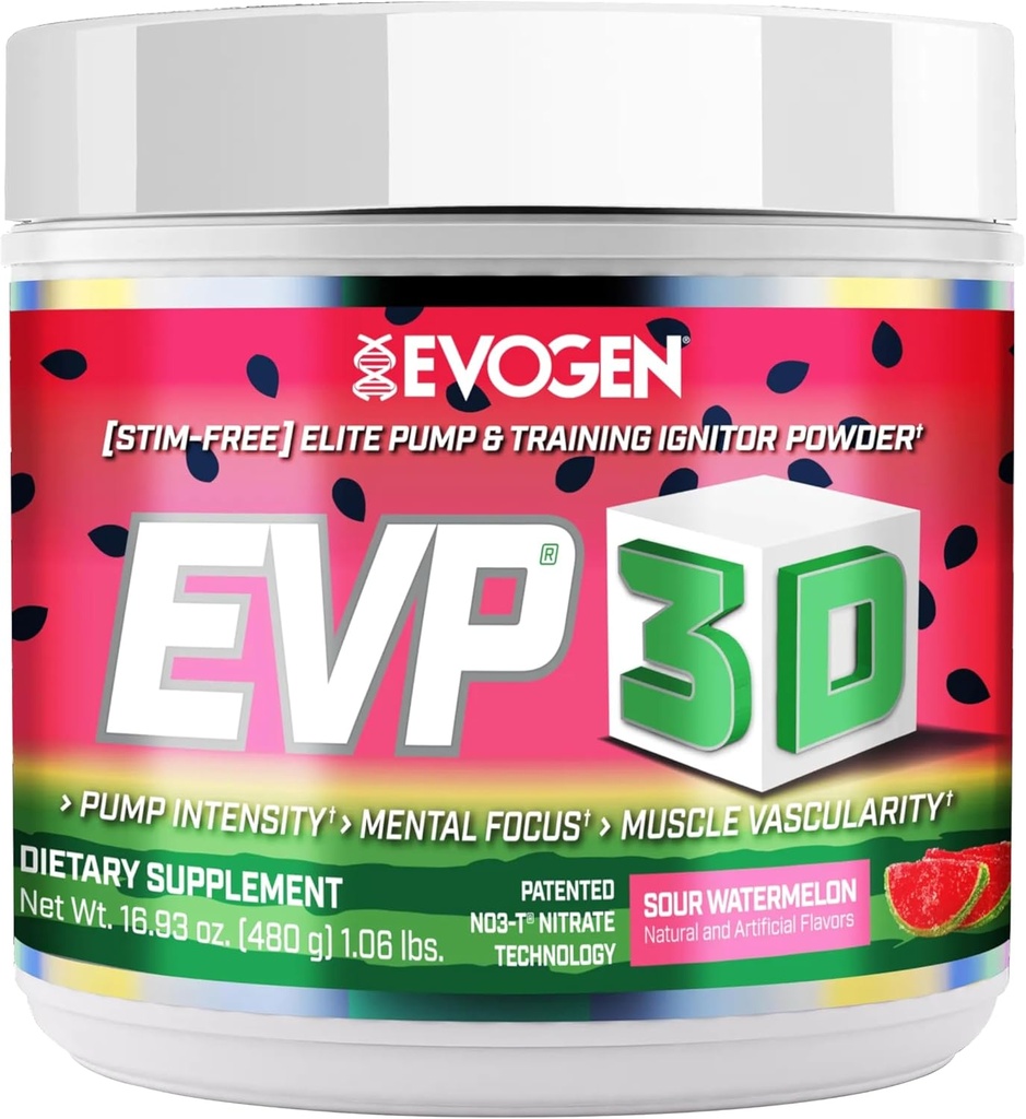 Evogen EVP 3D - Stim gratis pre trening pulver for menn og kvinner | sukker gratis ikke stimul preworkout med Beta alanin og kreatin for energi og pumpe | Sour vannmelon | 40 serveringer