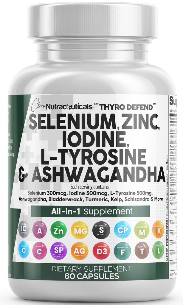 Ren Nutra Selenium 300mcg Iodine 500mcg tyroid støtte for kvinner og menn | L Tyrosin 500mg Ashwagandha Supplement Bladderwrack, Turmeric, Kelp, Schisandra Zinc piller Kapsel Supplements