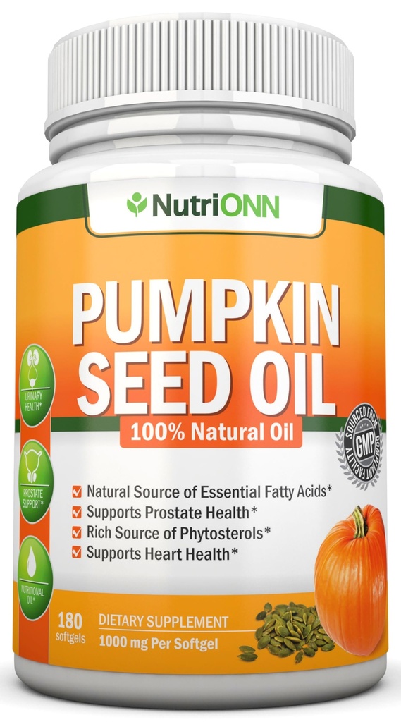 Pumpkin Seed Oil - 1000MG - 180 Softgels - Kaldpresset naturlig Pumpkin Seed Oil - Naturlig kilde til essensielle fettsyrer - Flott for hårvekst, prostata helse og GI Tract