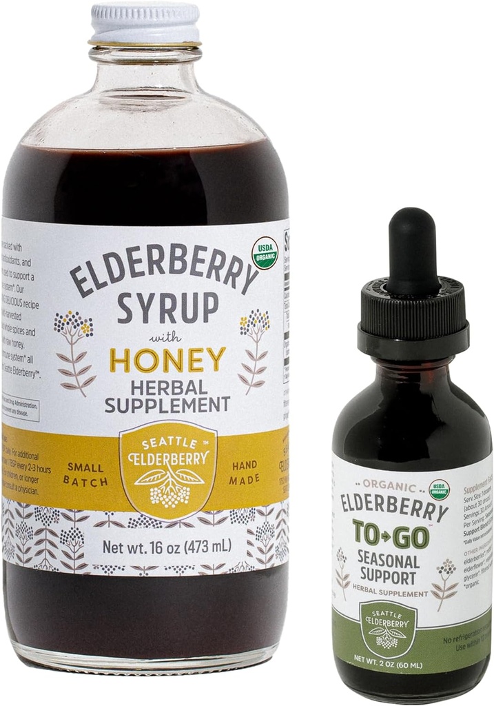 Herbal Supplement Starter Set - En 16oz flaske Elderberry Syrup med Honning og en 2oz flaske Elderberry to-Go Seasonal støtte laget av bare organiske ingredienser i USA