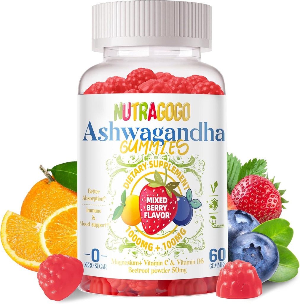 Ashwagandha Gummies & vitamin D3 Gummies 60 greve - Økologisk aswangdha Supplement for å forbedre søvn, stress relief & Mood Calm (Mixed Berry, Vegansk, Plant Basert, Glutenfri og Gelatinfri)-1pack