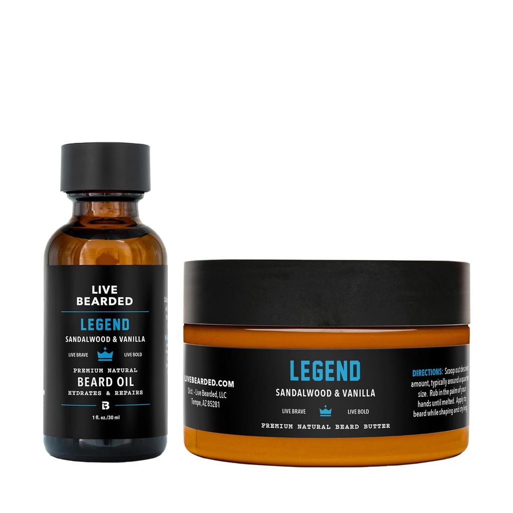 Live Beard Beard Olje og smør Grooming Kit - laget i USA - All-Naturlige ingredienser med Shea, Argan, Jojoba - Vekststøtte | Legend Scent - Sandalwood, Vanilla
