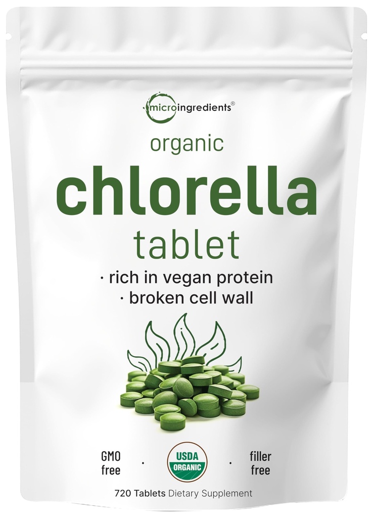 Organiske klorella tabletter, 500 mg per tablett, 720 faner (360 gram), 4 måneders forsyning, knust cellevegg, rik på vegansk protein og vitaminer, ingen fyllstoff, ingen tilsetningsmidler og ikke-GMO | ren grønn algae supermat