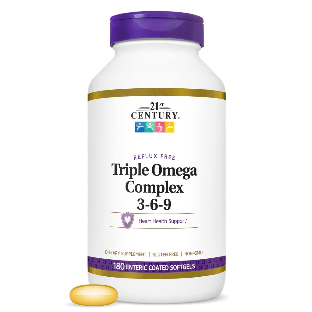 21st Century Triple Omega 3-6-9 Softgels, Fish Flax Borage, 180 Count | Triple Omega 3-6-9 From Fish, Flax & Borage Oils with EPA & DHA, Heart & Cardiovascular Health Support, Non-GMO, Gluten Free