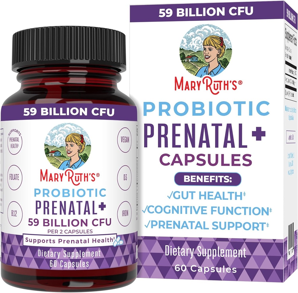 MaryRuth Organics Prenatal Vitaminer og probiotika | 59 milliarder CFU Vitamin D3 & B12 | Jern | Folat | Selenium | Choline | Vegansk | Ikke-GMO | 60 Kapsler