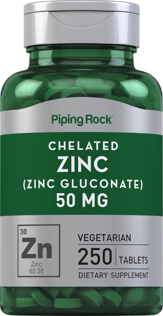 Piping Rock Chelated Sink 50mg ® 250 tabletter Gluconate ® Vegetarisk, Ikke-GMO, Glutenfri Supplement