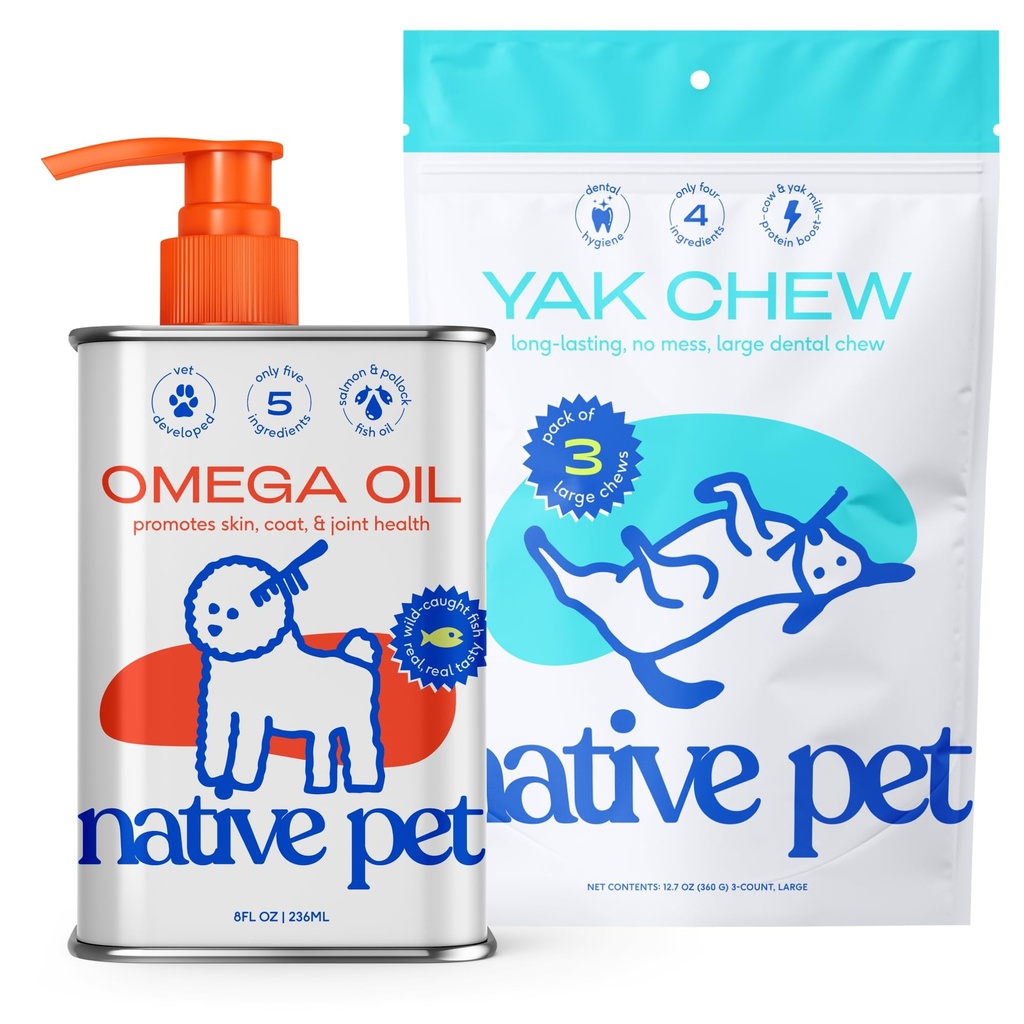 Native Pet Omega Olje for hunder - Hunde Fisk Olje Kosttilskudd & Yak Chews for hunder | Pasture-Raised og Organic Yak Cheese Himalayan Churpi Chews | 8 Oz. & 3 Large Yak Chews