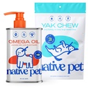 Native Pet Omega Olje for hunder - Hunde Fisk Olje Kosttilskudd & Yak Chews for hunder | Pasture-Raised og Organic Yak Cheese Himalayan Churpi Chews | 8 Oz. & 3 Large Yak Chews