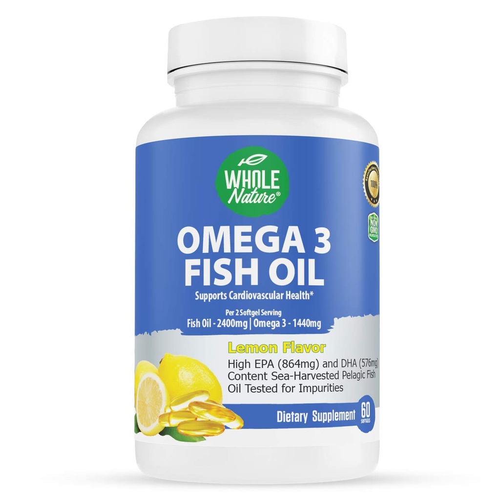 Omega 3 Fish Oil Kosttilskudd, Maks styrke 2400 mg Omega-3, 1440mg Fish Oil, EPA DHA fettsyrer, hjertehelse, visjon, øye, hjerne, immunstøtte for kvinner og menn. Naturlig sitronflavor, 60 ct (1)