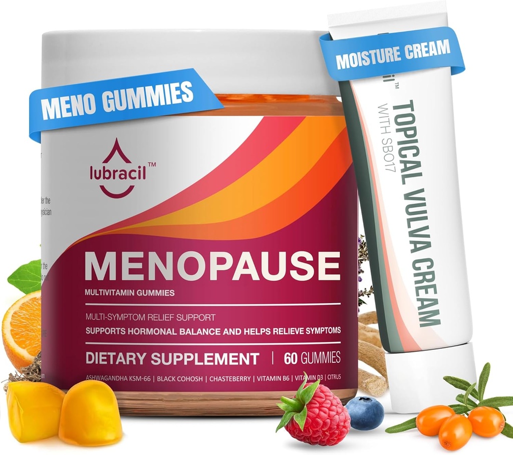 Lubracil Menopause Gummies & Topical Vulva Cream Bundle – Hormon-fri støtte for varme blits, Vaginal tørrhet, kløe, Mood Swings & Night Sweats med svart cohosh, Ashwagandha, Omega-7 & vitamin E