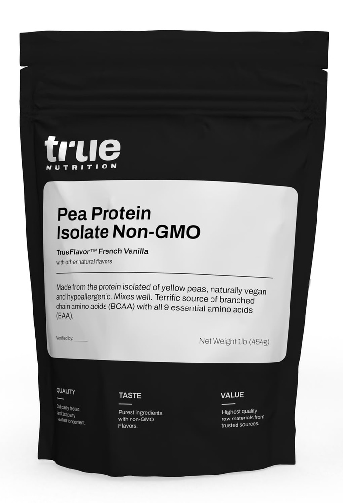 Ekte Ernæring Pea Protein Powder Isolate - 25g Ikke-GMO Vegansk Protein pulver per servering - Lav kull, Lavt fett, høy leucin - Glutenfri, Dammfri, Soya Gratis - Fransk Vanilla - 1LB