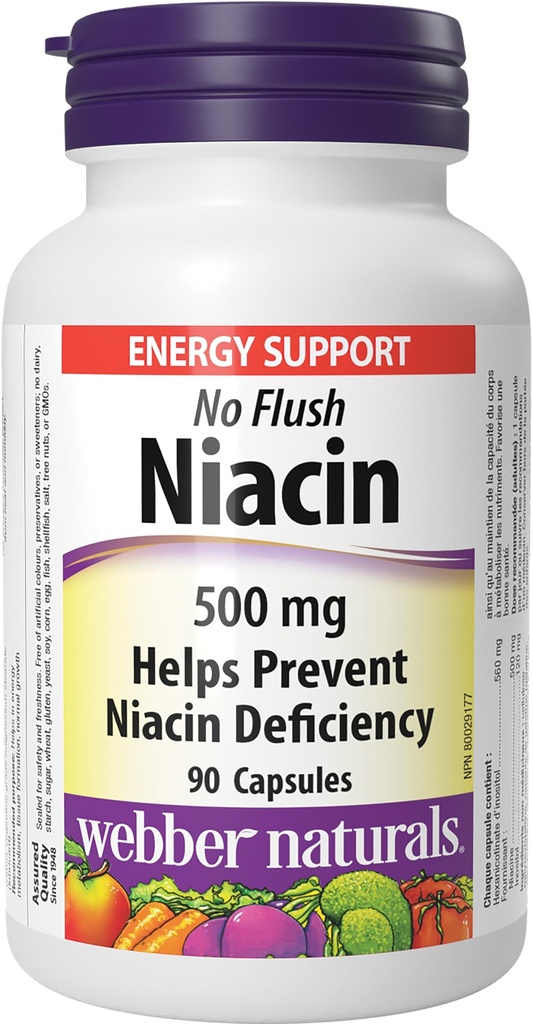 Weber Naturals Ingen Flush Niacin vitamin B3 Capsule, 500mg 90 Telling