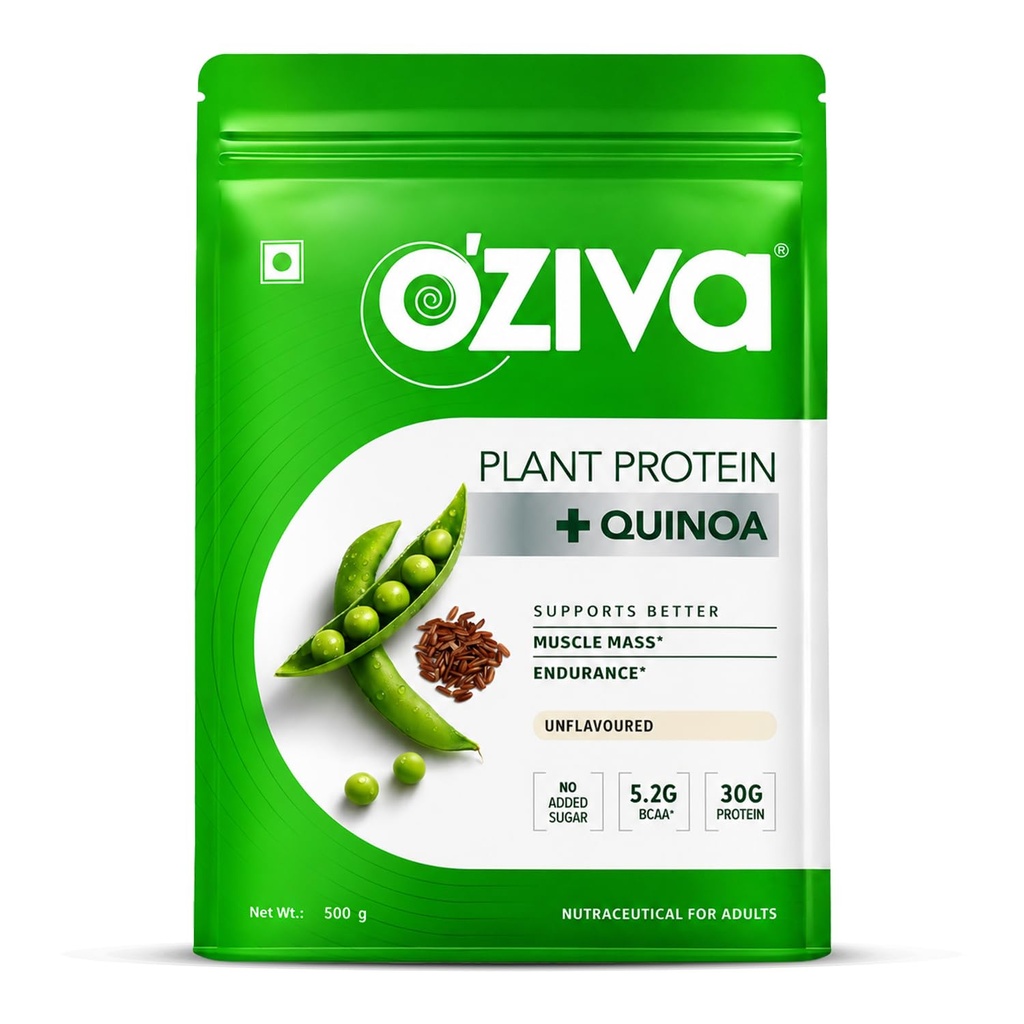 OZiva Organic Plant Protein Powder | 500 Gm | (30g Vegansk Protein - Pea Protein a, Brown Rice Protein & Quinoa, Soja Gratis) for daglig Fitness, Boosts Immunity, Unflavored (1,1 lb)