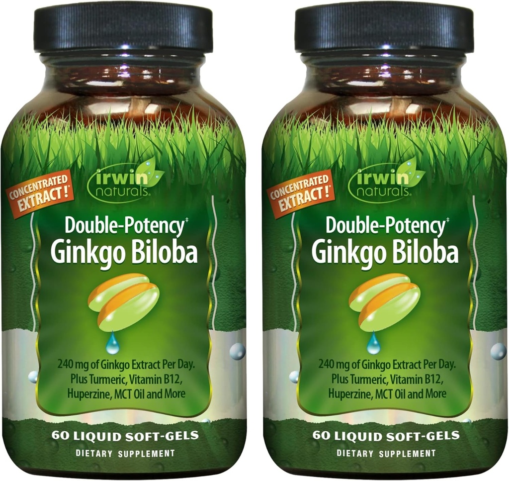 Irwin Naturals double-Potency Ginkgo Biloba – 60 flytende Soft-Gels – hjerne, fokus og sirkulasjonsstøtte - 2 pakke