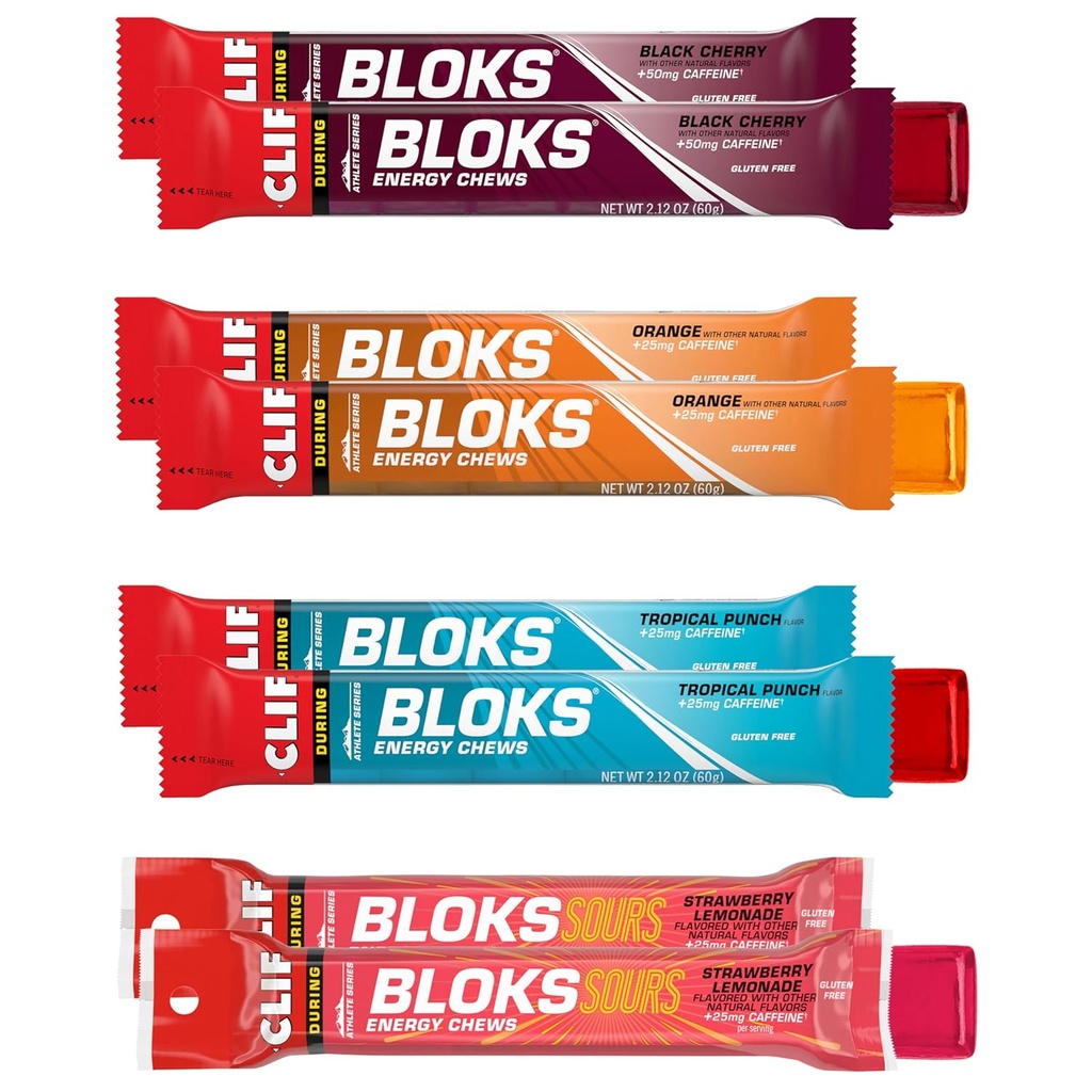 Clif Bloks - Energi Chews med kaffe - Variety Pack - Ikke-GMO - Plant Basert - Rask brensel for sykling og løping - Raske karbohydrater og elektrolytter - 2.12 oz. Pakker (8 grev)