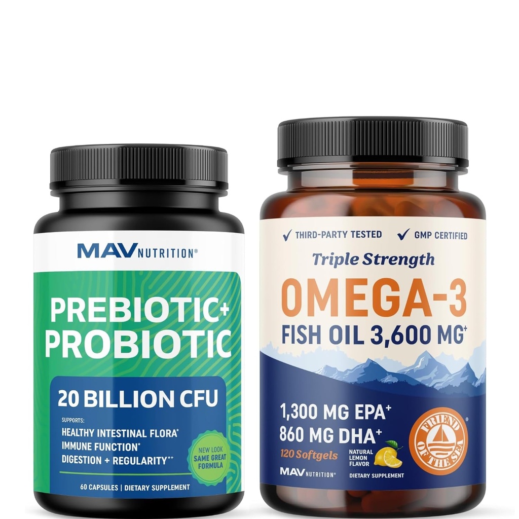 Omega 3 Fish Oil og probiotiske kapsler | Triple Styrke EPA & DHA med Probiotiske Gut Helse & Immune Support Supplement | Overordnet velvære Bundle