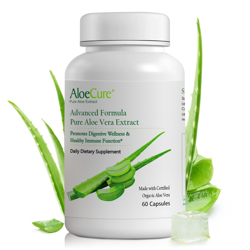 AloeCure Organic Aloe Vera Capsules, 160.000 mg Indre Aloe Leaf Ekvivalent per servering, støtte Gut, Digestive, & Immune Helse, hjelper opprettholde balansert magesyre, Aloin gratis, 60 kapsler