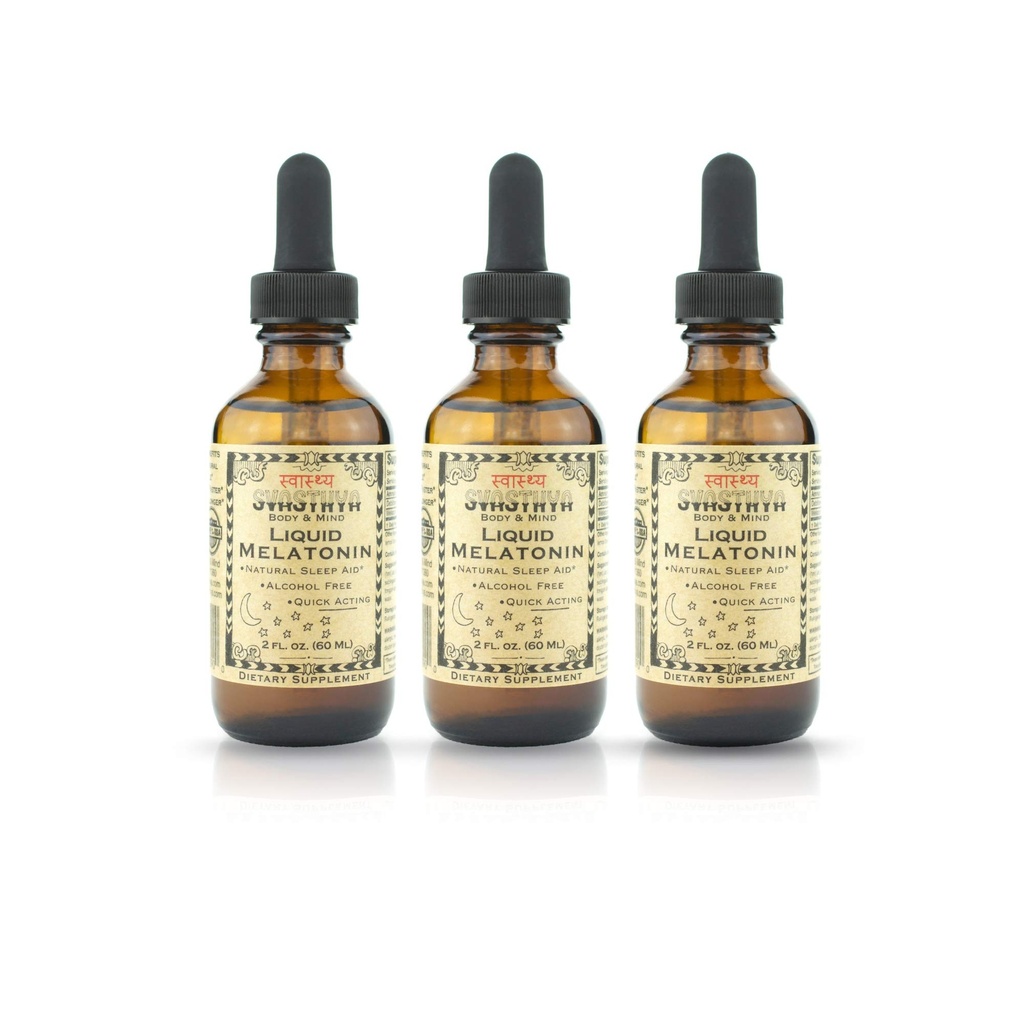 Svasthya Body & Mind flytende Melatonin - fremmer naturlig søvn - alkohol gratis for voksne og barn, laget i USA, GMP, 2 oz - 3 Pack