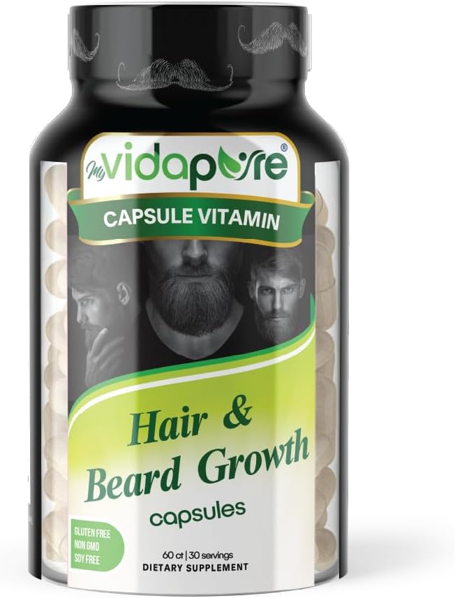 MYVIDAPURE Beard vekst + menns hud og negler – 5000mcg Biotin – Vitamin C, D & B-kompleks – Hydrolysert kollagen Veggie kapsler – Ikke-GMO – Glutenfri