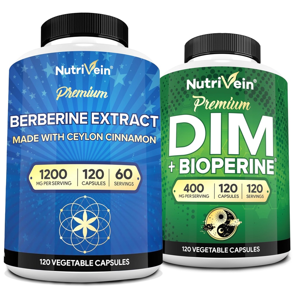 Nutrivein Premium DIM & Berberine Supplement Bundle: høyabsorpsjon Berberin & DIM Supplement med Bioperine - for Hormonal Balance, Digestive Regelmessighet, Metabolisme, & generell velvære