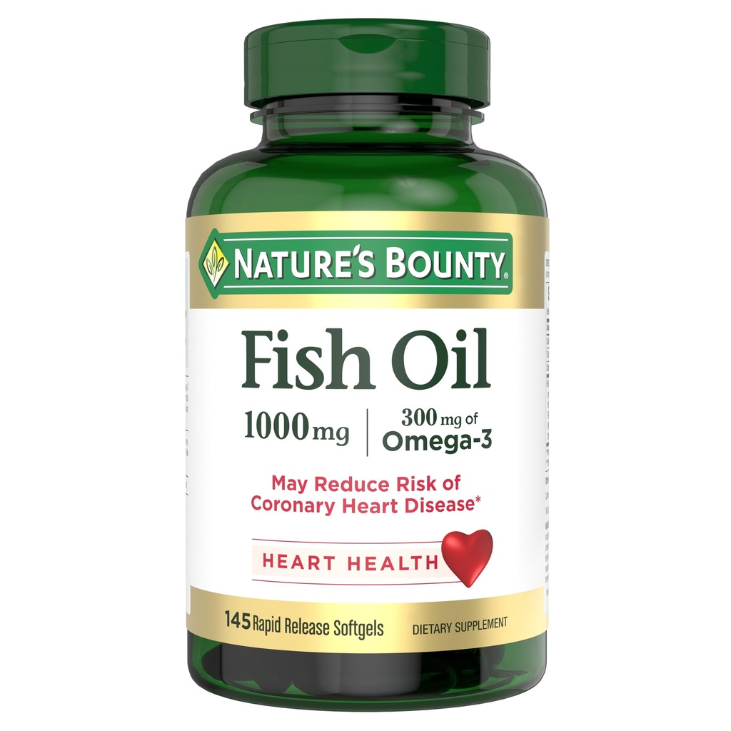 Naturens Bounty Fish Oil, støtter hjertehelse, 1000 mg, Rapid Release Softgels, 145 Ct
