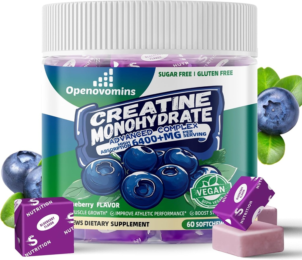 Kreatin Monohydrat Myk Chews Complex 6400mg for menn og kvinner -Avansert formel W / L-Taurin + vitamin B12, sukkerfri Chewable Supplement, 60 Blåbær Softchews