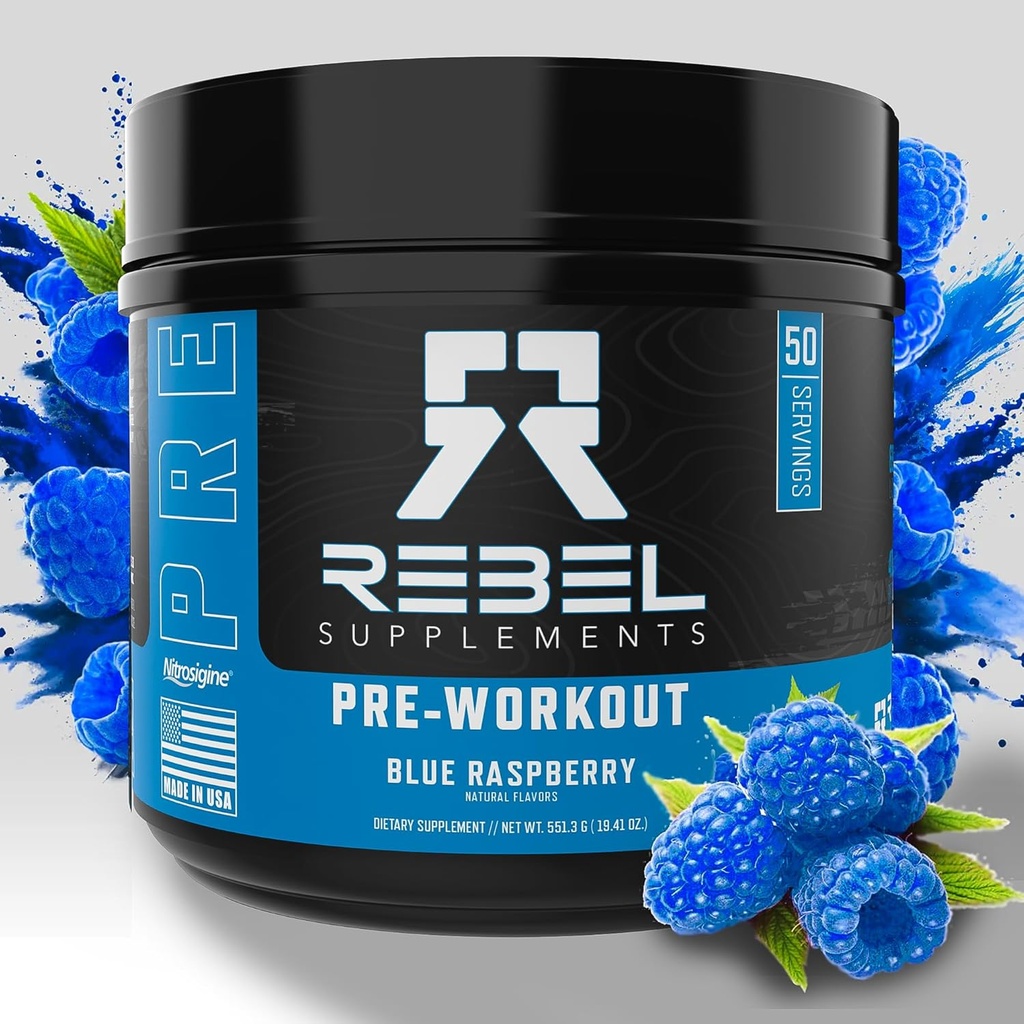 Rebel Supplements TM Blå Razz Lastet Før Trening ® Ekstreme Pumper, Laser Focus, Insane Energi ® 7000mg L-Citrullin, 4000mg Beta Alanin, 1500mg Nitrosigin®, 350mg Koffein ® 50 serveringer