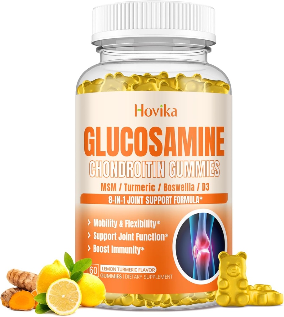 Glucosamine Chondroitin MSM Gummies 1500mg - Felles støtte supplement med gurkemeie, Boswellia, vitamin D3, Hyaluronsyre, Antioksidant, Immunstøtte for voksne, Menn og kvinner Vegan, 60 Gummies