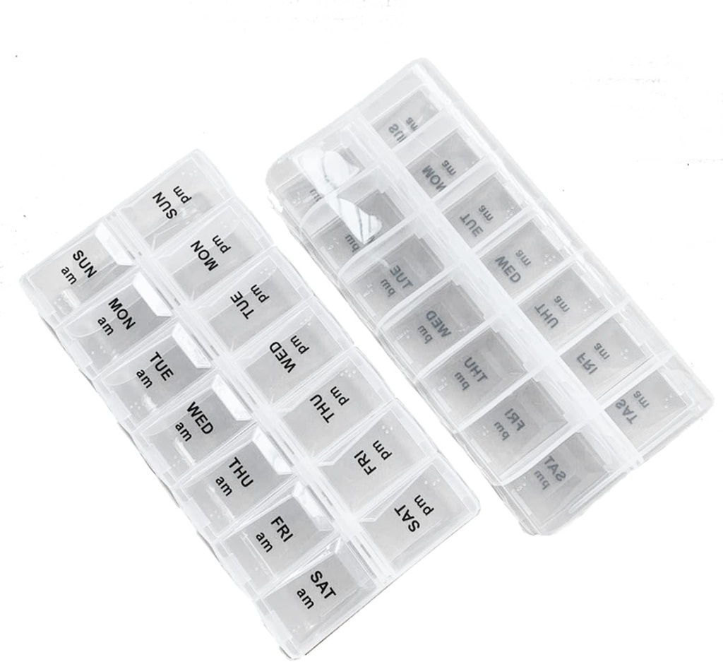 2 Pack OPP Clear Daily Pill Box Organizer, ukentlig Pill Organizer 2 ganger om dagen for piller, kosttilskudd og medisinering, Am Pm Pill Organizer 7 Day, Pill Box 7 Day - 6,7 x 3,2 x 1 tomme