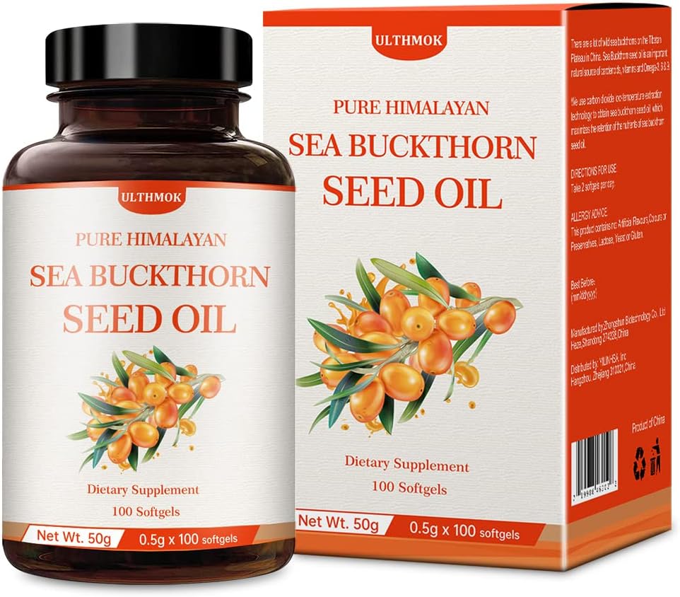 ULTHMOK Premium Sea Buckthorn frøolje, 100% frøolje, 100 Softgels & 100×500 mg,Non-GMO, Glutenfri.