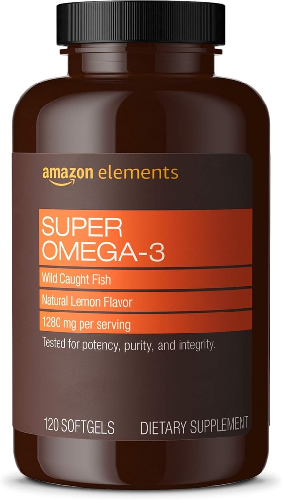 Elementer Super Omega-3, EPA og DHA Omega-3 fettsyrer (1280 mg per servering, 2 Softgels), Naturlig sitronflavor, 120 greve (pakke kan variere)