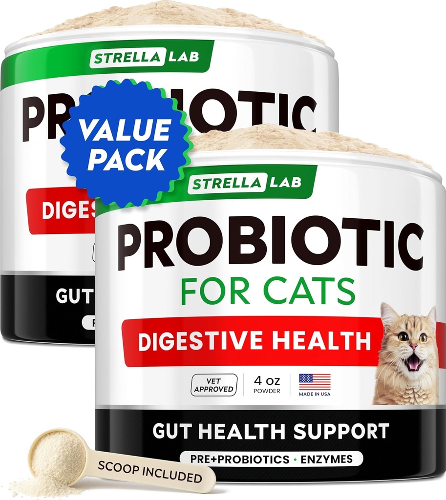 StrellaLab Cat Probiotic pulver - Probiotika for katter med diarrea - Lett å blande pulver - Cat Probiotika for innendørs katter, Helseforsyninger Mattilskudd, Digestiv støtte (8 oz/Pack av 2)