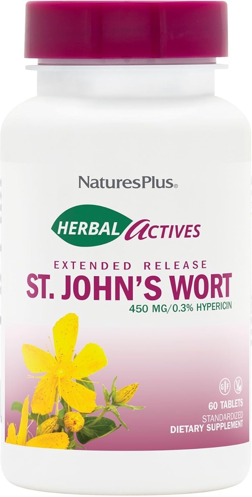 NaturesPlus Herbal Actives St. John's Wort Extended Release - 60 Tabletter, Pakke med 2 - Støtter en sunn Mood & Positiv Outlook - Vegetarisk, Glutenfri - 120 Total Services