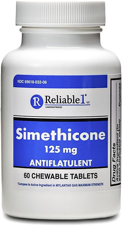 Pålitelig 1 Simetikon 125 mg Anti-Gas 60 Peppermyntetabletter (1 flaske)