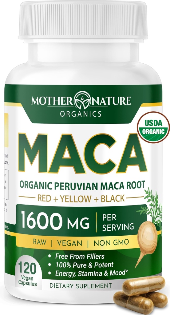 Moder Nature Organic Maca Root Capsules – 1600 mg, 120 Vegan Capsules – Ikke GMO Peruvian Yellow, Rød & Svart Maca for menn og kvinner - Energi, Hormon, Hjerne og Vekt Well-Being