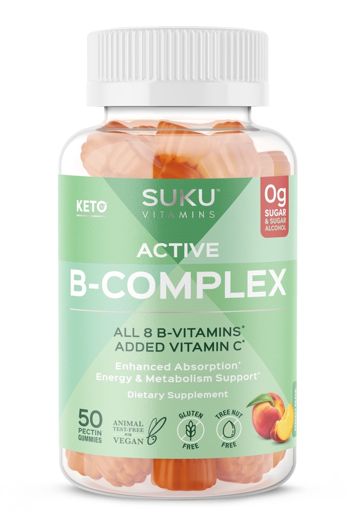 SUKU vitamin B komplekse gummier med vitamin C - sukker gratis vegansk 8 B vitaminer kompleks gummy kosttilskudd øker celleutvikling, forbedrer metabolisme og kollagen formasjon, fersken smak (50 gummier)