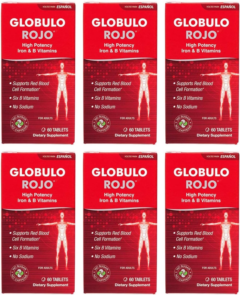 Globolo Rojo jern Supplement - Diett Supplement piller med høy styrke jern og B vitaminer, 60 tabletter - 6 pakke