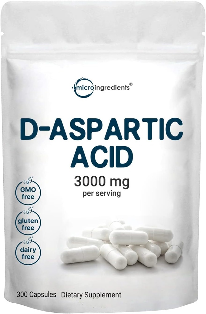 Mikroingredienser D-Aspartic Acid 3.000mg Per Serving, 300 kapsler ren DAA for energi, testosteron og ytelsesstøtte | Ikke-GMO, Glutenfri, soyafri