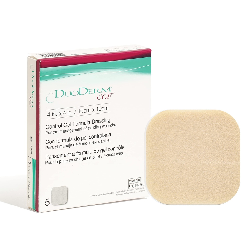 Convatec DuoDERM Control Gel Formula 4"x4" Hydrokolloid sterile klesplagg for delvis og full tykkelse sår, medisinsk grad, lateks-fri, vanntett, firkant, beige, 5ct boks