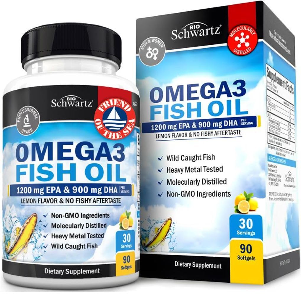 Triple Styrke Omega 3 Fiskeolje 3000mg - høy potens Omega 3 Supplement for kvinner og menn, Burpless Lemon Flavor Fish Oil - 2250mg essensielle fettsyrer med DHA & EPA, Wild Caught, 90 Softgels