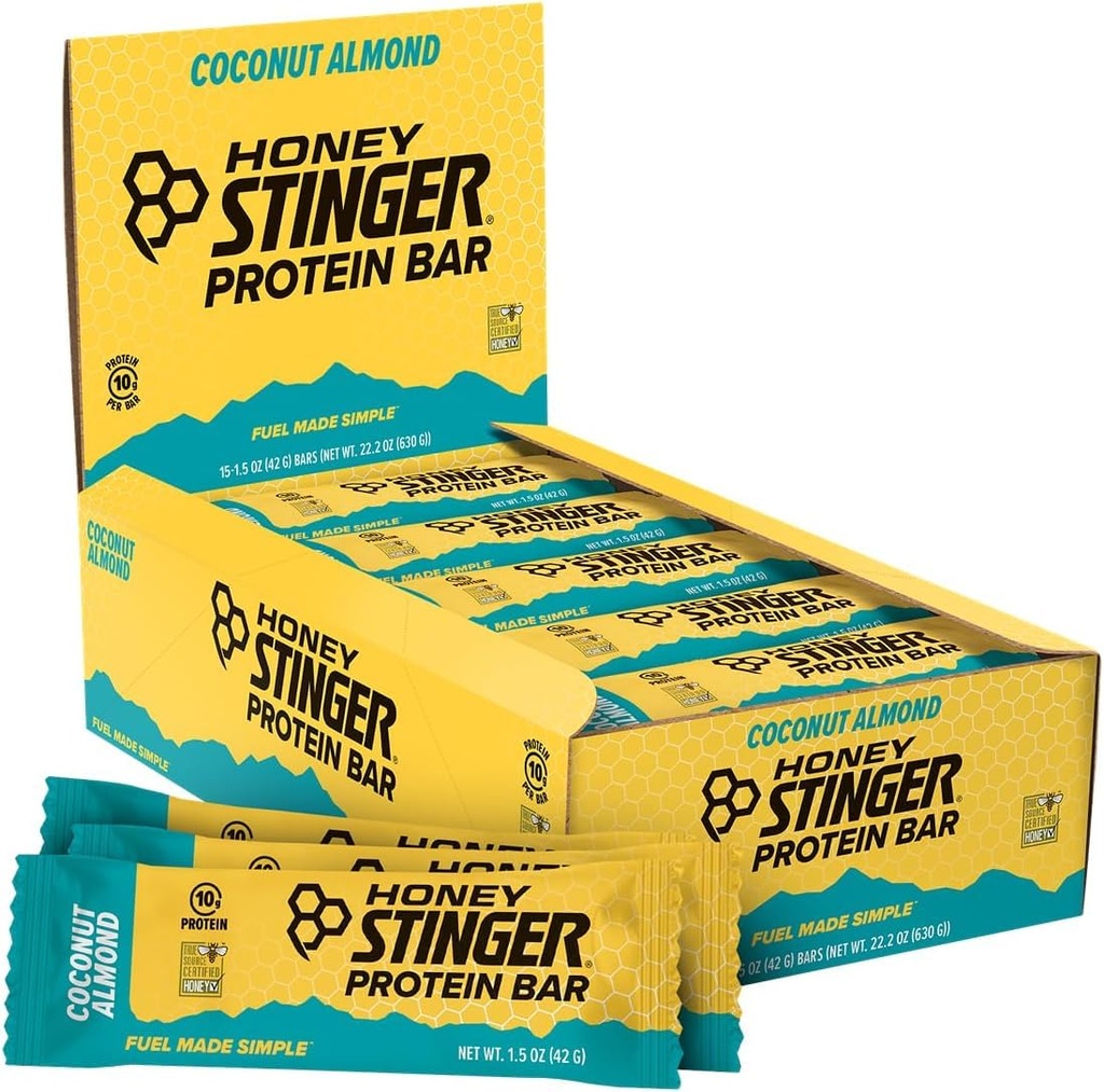 Honning Stinger Protein Bar, Coconut Almond, Protein pakket mat for øvelse, utholdenhet og ytelse, Sport Ernæring Snack for hjem og gym, Post Trening, Boks med 15