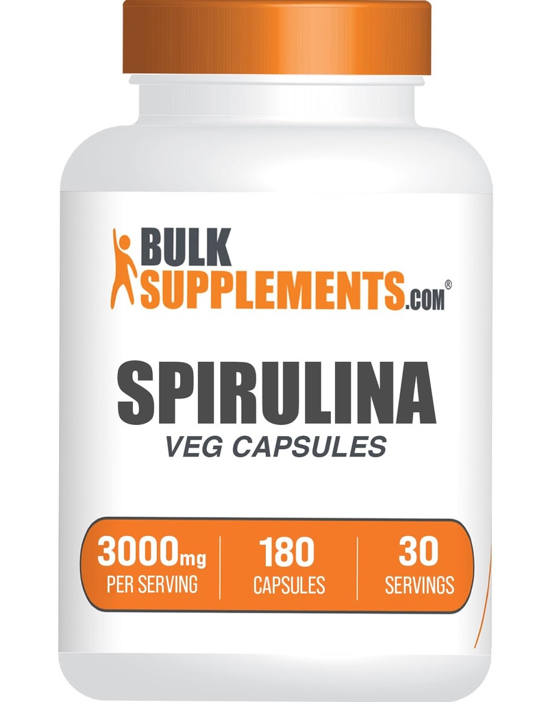 BulkSupplements.com Spirulina Kapsler - Grønn Superfood Supplement, Spirulina Supplement - Vegan, 6 Kapsler per servering, 180 greve (pakke av 1)